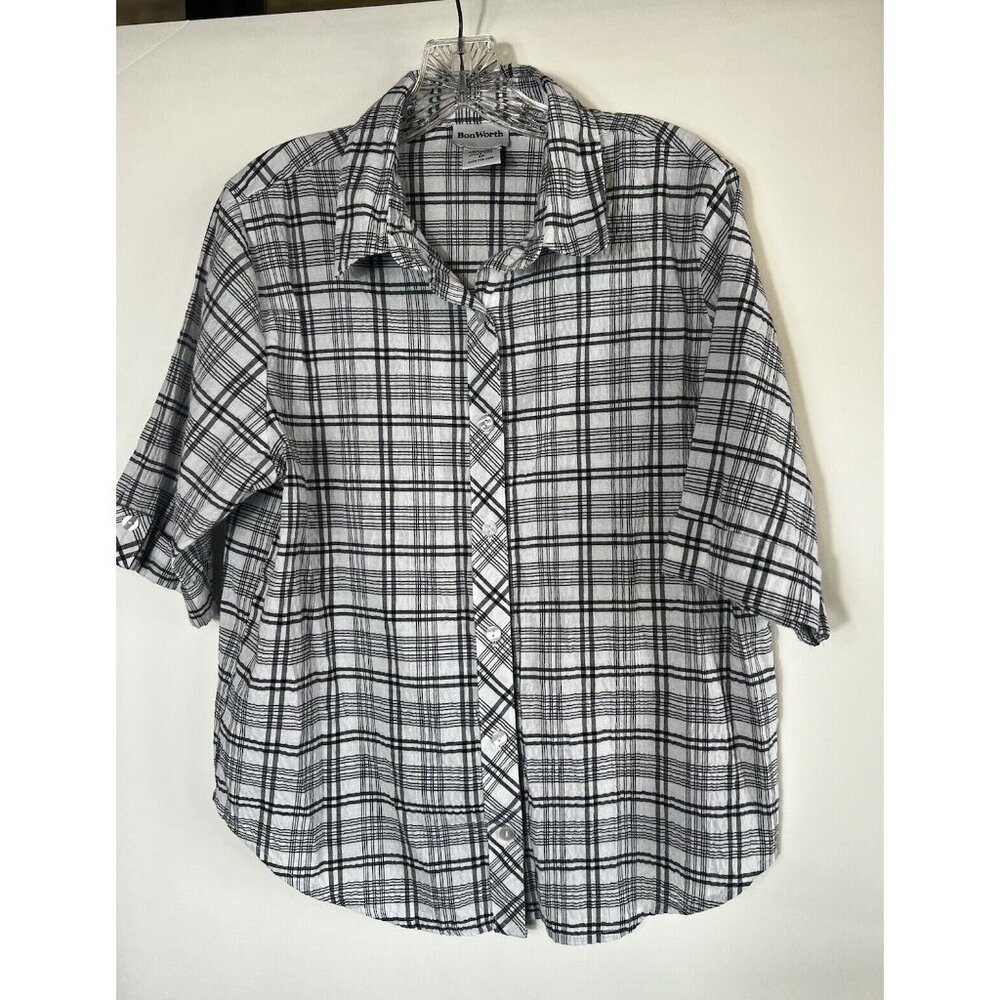 Bonworth Black &‎ White Plaid Button Up 3/4 Sleeves  Women’s Top Small Petite SP